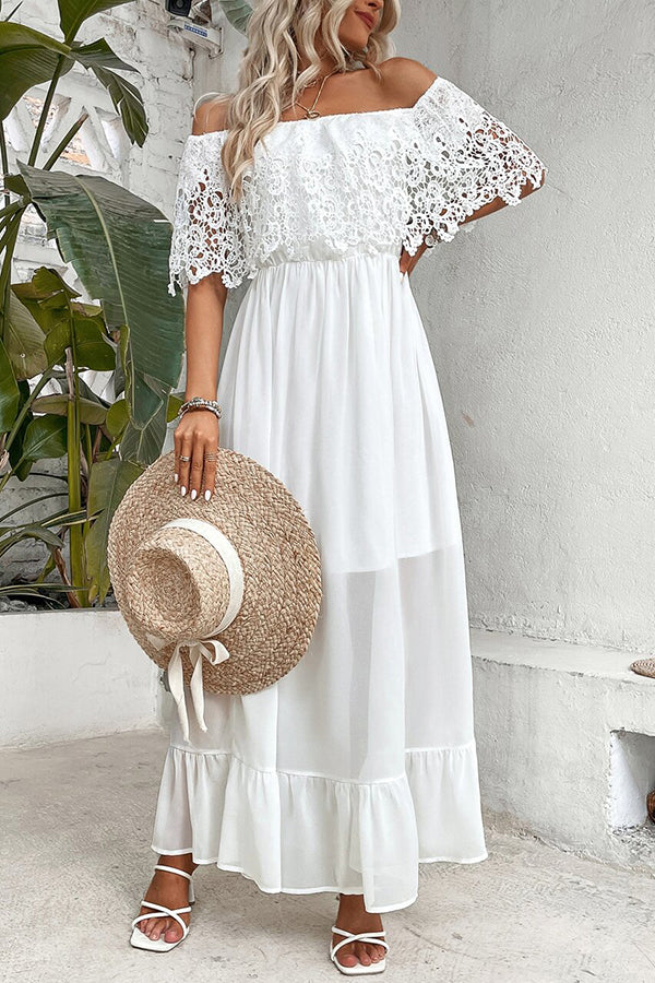 Solid Color Off-The-Shoulder Lace Panel Holiday Maxi Dress