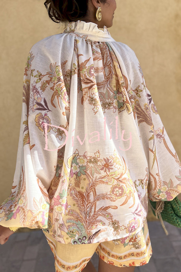 Botanical Print Palace Style Stand-up Collar Lantern Sleeve Loose Top and Casual Shorts Set