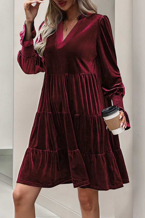 Solid Color Velvet V-Neck Long Sleeve Elegant Loose Mini Dress