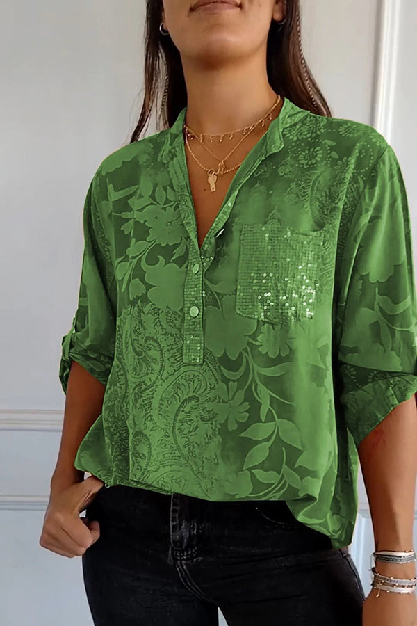 Botanical Floral Print Casual Fashion Sequin Pocket Shirt Top