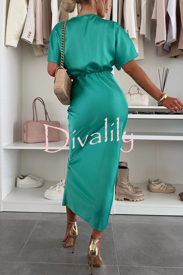 Satin Solid Color V-neck Cross Knot Slim Maxi Dress