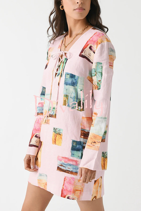 Coastal Cove Linen Blend Unique Print Tie-up Neck Long Sleeve Loose Mini Dress