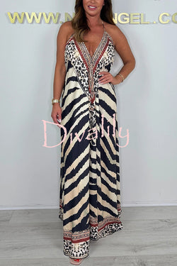 Zebra Print V-neck Open Back Loose Maxi Dress