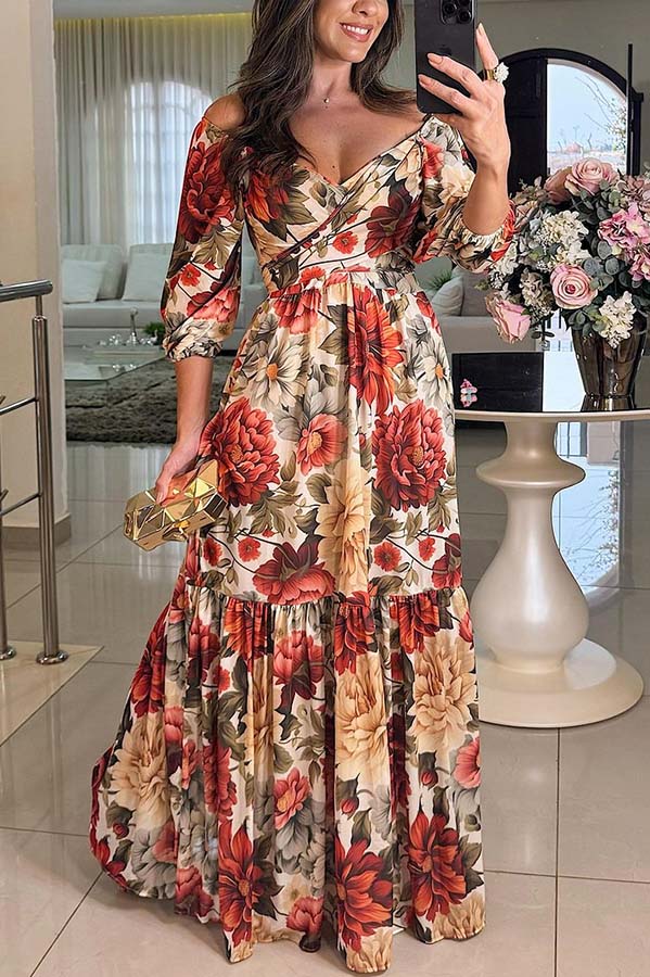 Raiene Floral Print Off Shoulder Tie-up Back Smocked Party Maxi Dress