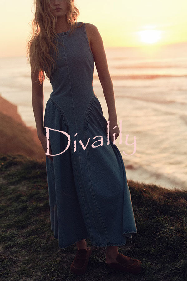Classic and Stylish Denim Open Back Tie-up Gathered Hip Stretch Midi Dress