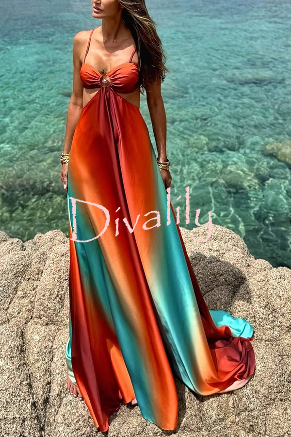 Neon Sunset Printed Metal Decoration Cutout Back Tie-up Vacation Maxi Dress