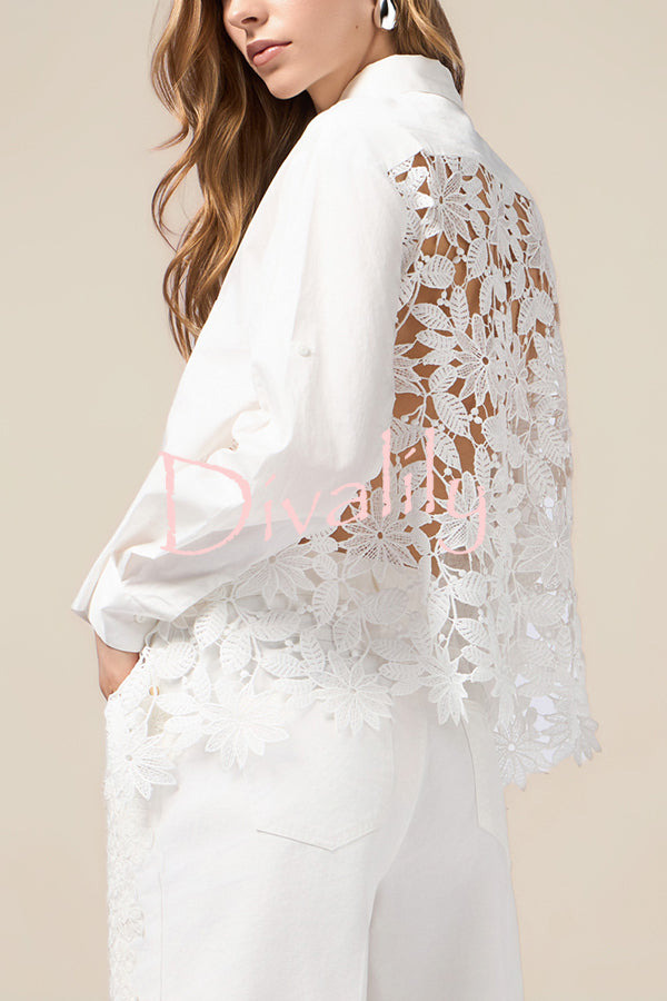 Daisy Long Sleeve Back Crochet Floral Lace A-line Blouse