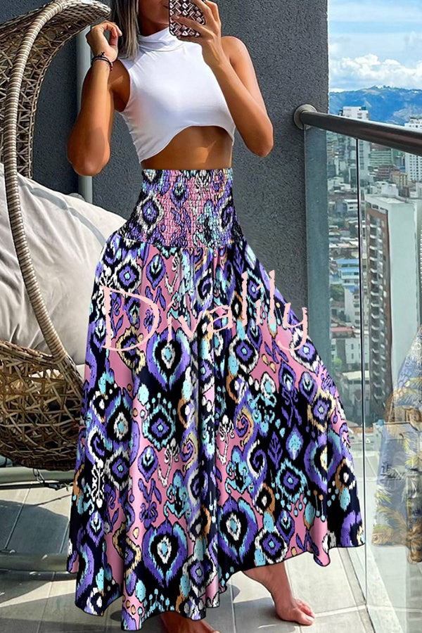 Unique Printed Pleated Elastic Waist Holiday Casual Maxi Skirt