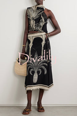 Satin Botanical Print Sleeveless Lounge Top and Midi Skirt Set