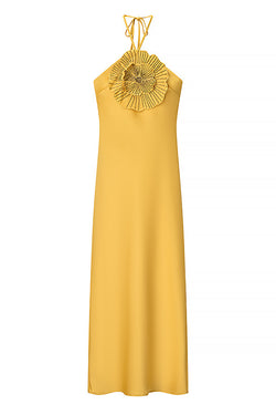 Fashionable Beaded Large Flower Decoration Halter Neck Backless Maxi Dress