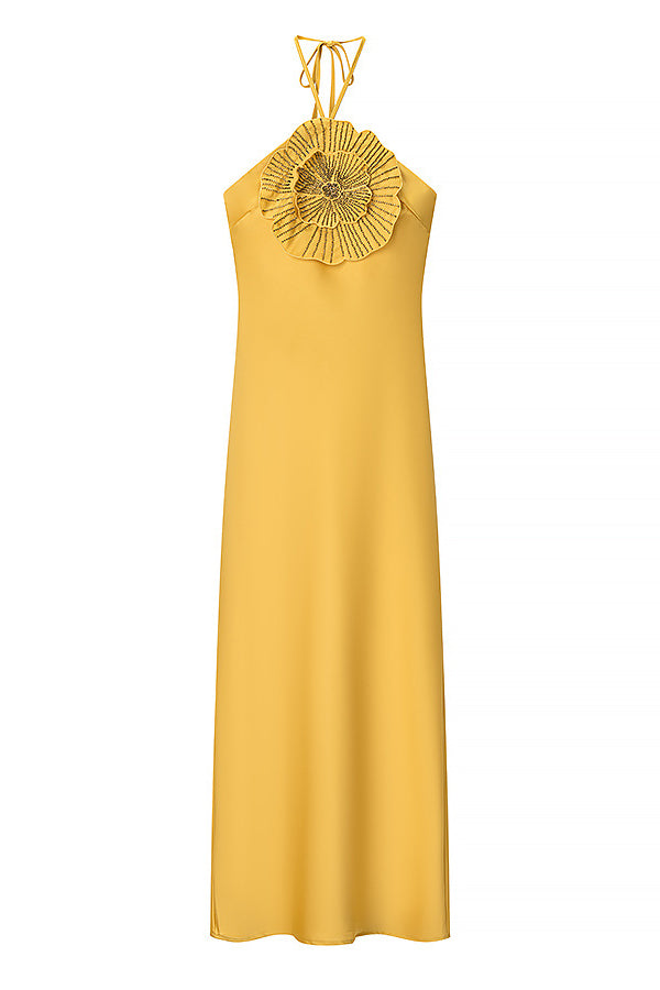 Fashionable Beaded Large Flower Decoration Halter Neck Backless Maxi Dress