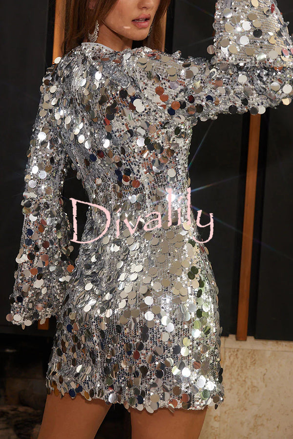 Fashionable and Dazzling Large Sequins Long Bell Sleeve H-line Mini Dress