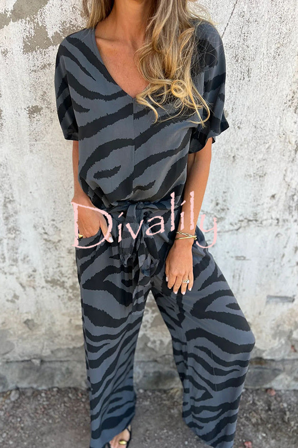 Zebra Print V-neck Short-sleeved Lace-up Top and Elastic Waist Pocket Straight-leg Pants Set