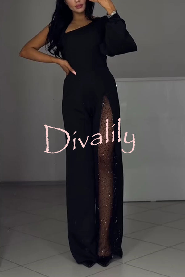 Fashionable Oblique Shoulder One-sleeve Sexy High Slit Slim Jumpsuit