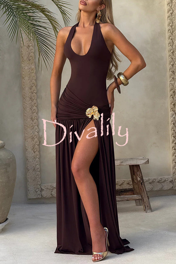 Solid Color Halter Neck Backless Slim Fit Pleated Slit Maxi Dress
