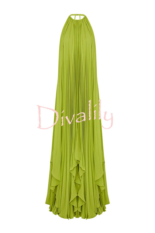 Sexy Backless Tie and Elastic Waist High Slit Pleated Maxi Skirt Set