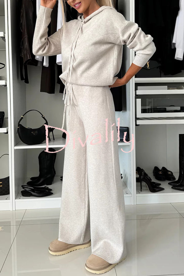 Solid Color Loose Hooded Tie Sweatshirt and Elastic Waist Casual Straight Pants Set