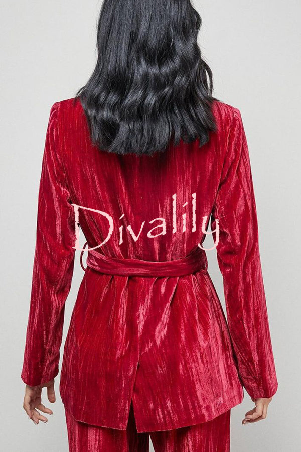 Solid Color Velvet Long-sleeved Waist Tie Top and Elastic Waist Casual Pocket Straight-leg Pants Set