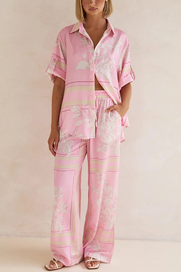 Fashionable Plant Print Loose Lapel Short Sleeve Shirt and Casual Elastic Waist Pocket Pants Set