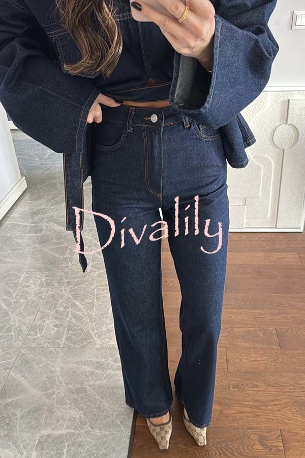Fashion Workwear Style Denim High Rise Pocket Straight Leg Jeans