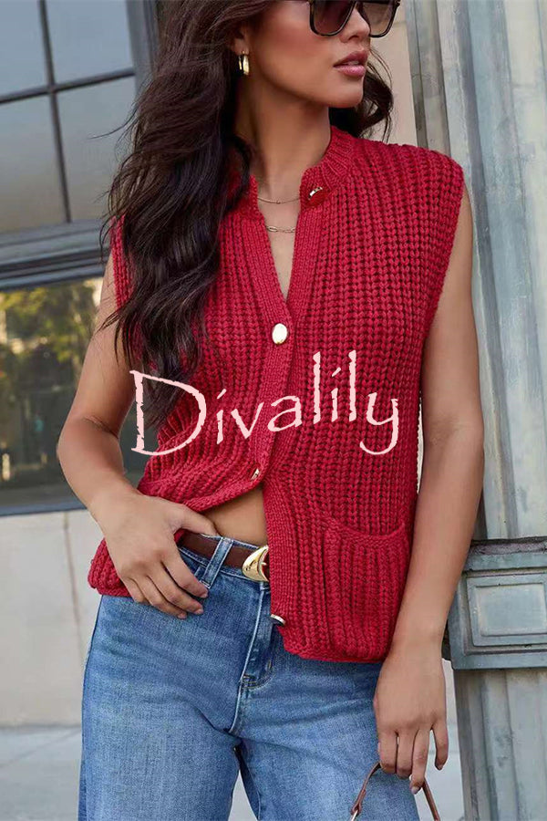 Solid Color Sleeveless Button Pocket Knit Vest