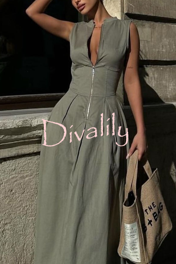 Stylish Sleeveless Zippered V-neck Slim Fit Maxi Dress