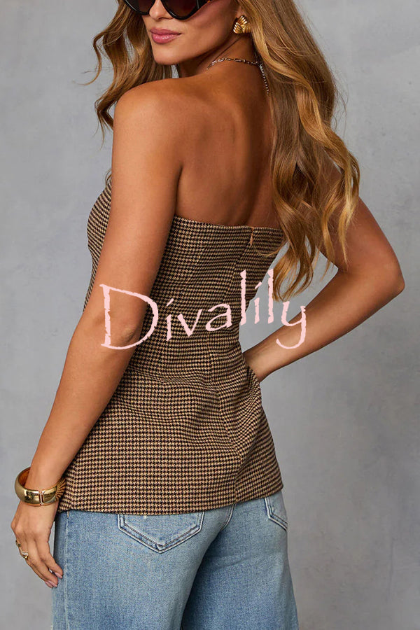 Workplace Vitality Houndstooth Off Shoulder Button Vest Top