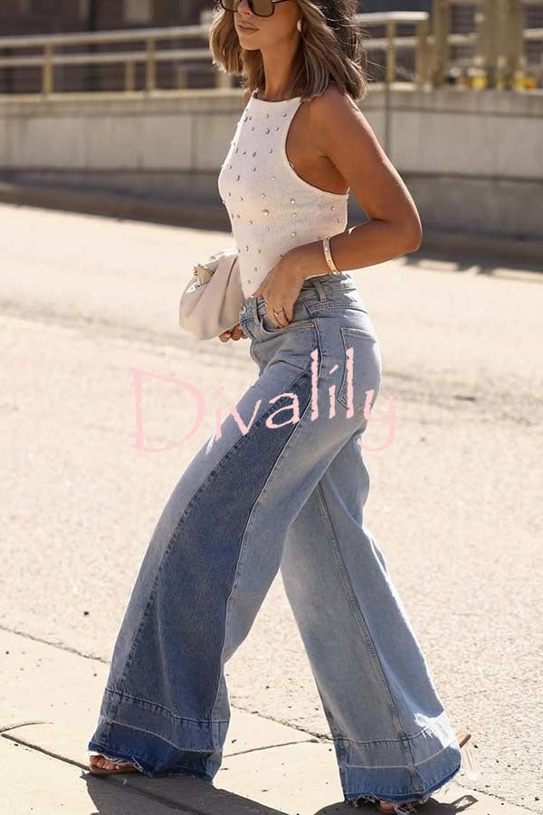 Ellison Denim Side Colorblock High Rise Pocket Wide Leg Jeans