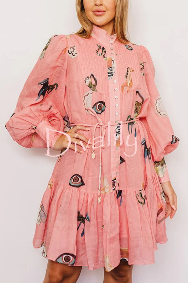 Unique Print Single Breasted Balloon Sleeve Tie Waist Ruffled Mini Dress