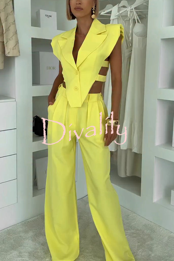 Fashion Style Lapel Waist-baring Irregular Vest and  Elastic Waist Pocket Loose Pants Set