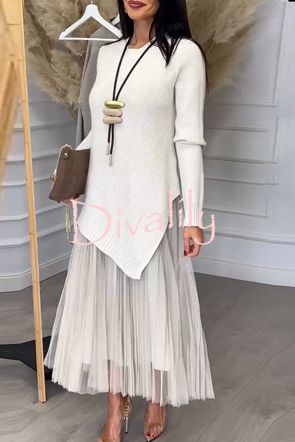 Jensine Ribbed Knit Irregular Loose Sweater and Pleated Tulle Tank Midi Dress Two-piece Set