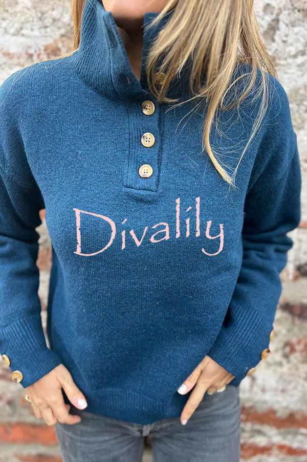 Solid Color High Collar Button Loose Long Sleeve Knitted Sweater