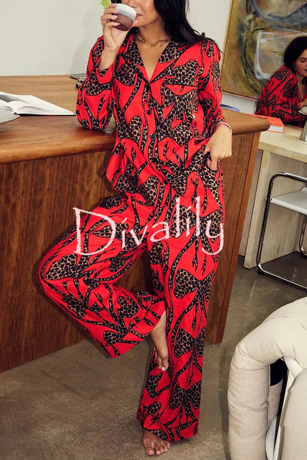 Stylish Colorblock Leopard Print Loose Shirt and Elastic Waist Pocketed Pajama Set