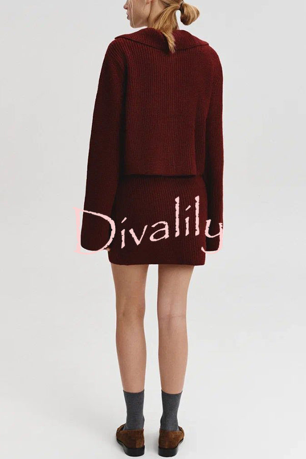 Fashion Lapel Bell Sleeve Knitted Cardigan and Casual Mini Skirt Set