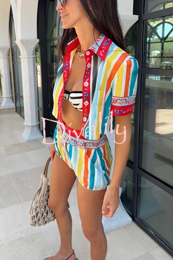 Rainbow Mood Unique Print Short Sleeve Crop Shirt and Elastic Waist Loose Bloomers Set