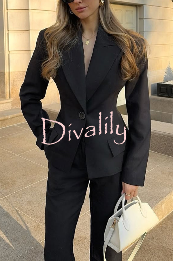 Solid Color Long-sleeved Single-button Blazer and Pocket Casual Flared Pants Set