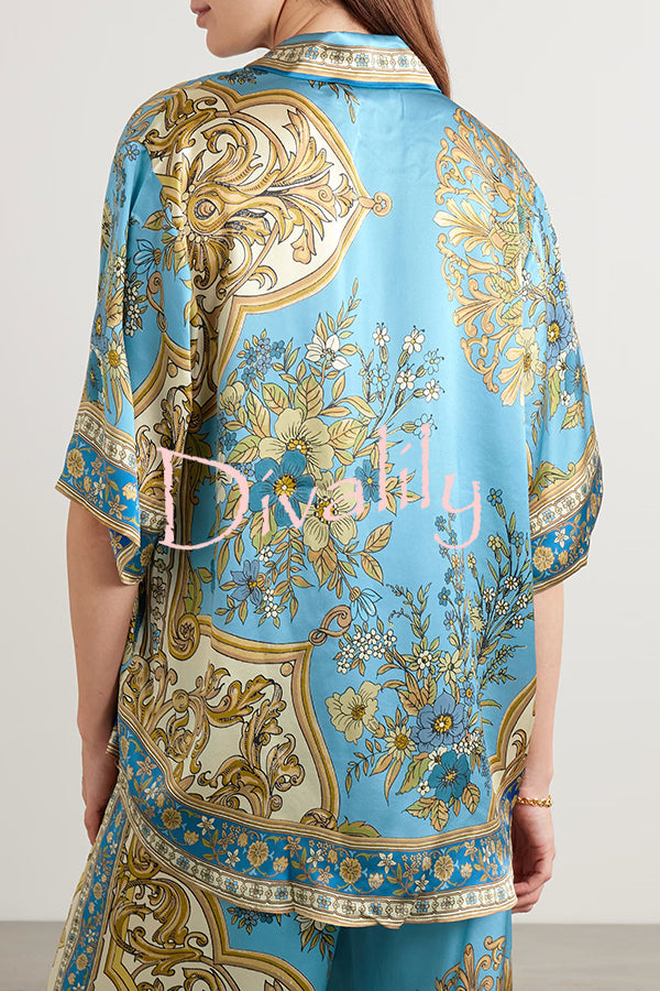 Satin Floral Print Loose Shirt and Elastic Waist Pocket Casual Wide-leg Pants