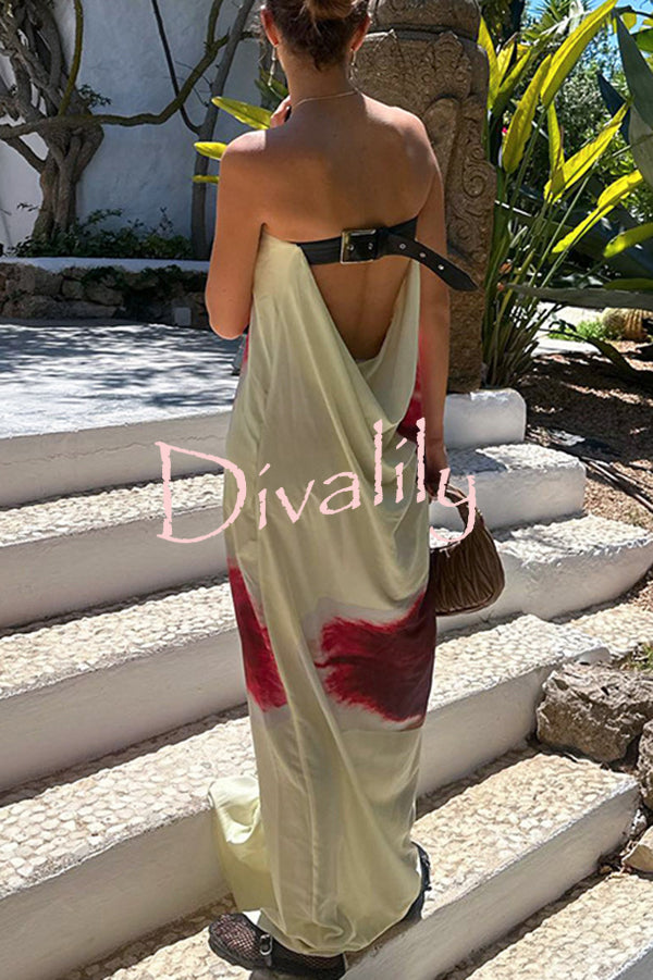 Floral Print Sexy Strapless Backless Belt Maxi Dress