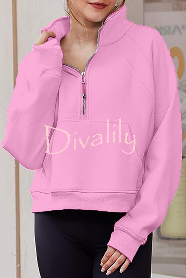 Stylish Patchwork Stand Collar Zippered Loose Pocket Sweatshirt