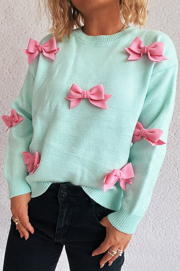 Sweet Bow-knot Casual Round Neck Long-sleeved Knit Sweater