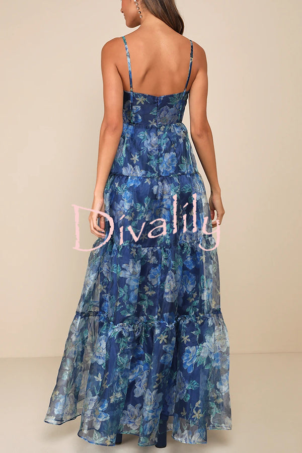 Exclusive Glamour Organza Floral Print Tiered Slip Maxi Dress