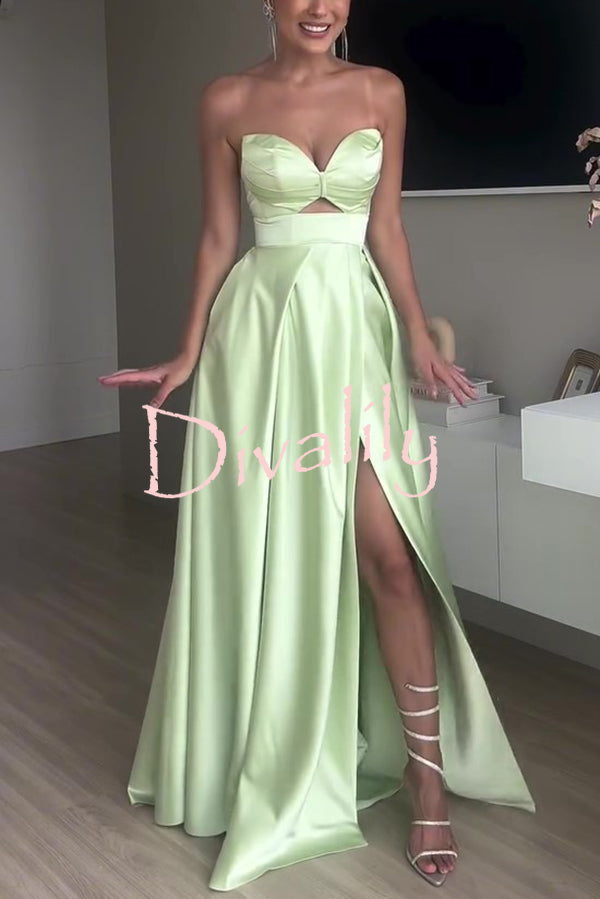 Chic Queen Satin Hollow Strapless Slim High Slit Party Maxi Dress
