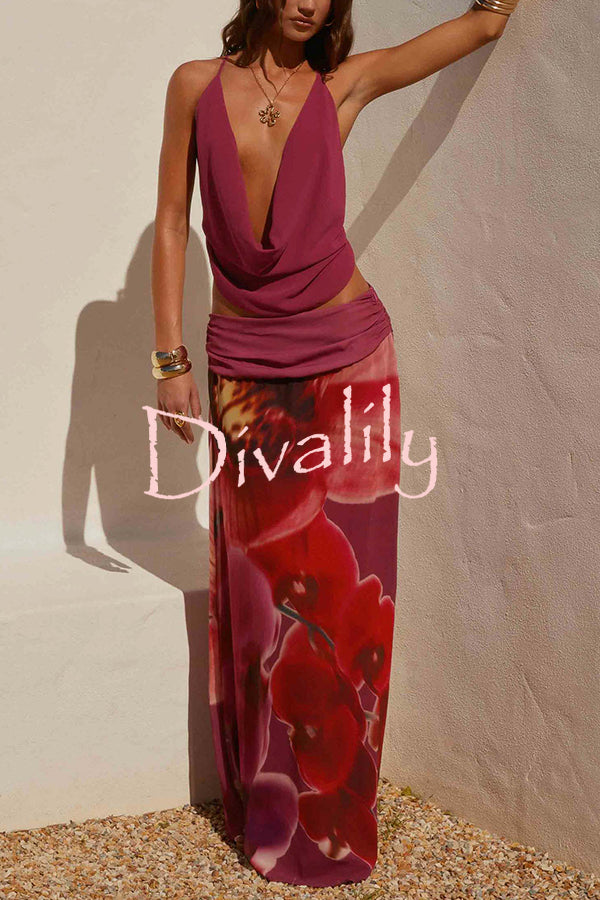 Sexy Deep V Backless Draped Camisole Top and Floral Print Chiffon Maxi Skirt Set