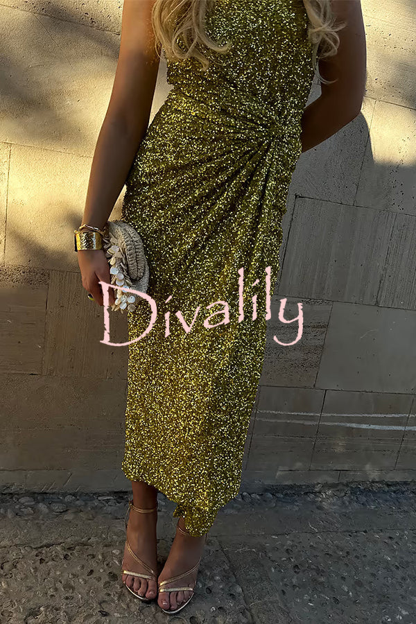 Disco Dancing Queen Sequin Wrap Tie-up Slit Midi Skirt