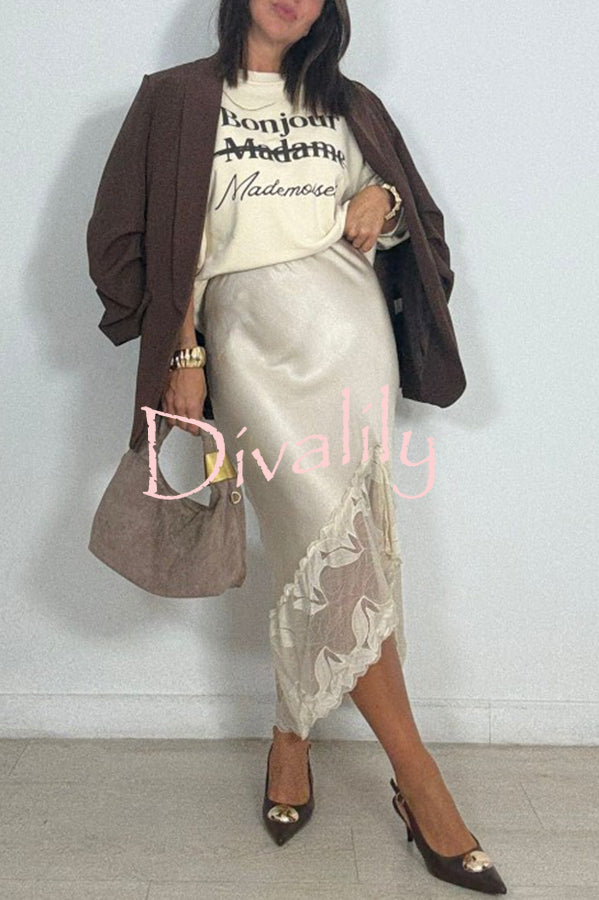 Rolen Satin Lace Patchwork Elastic Waist Irregular Hem Midi Skirt