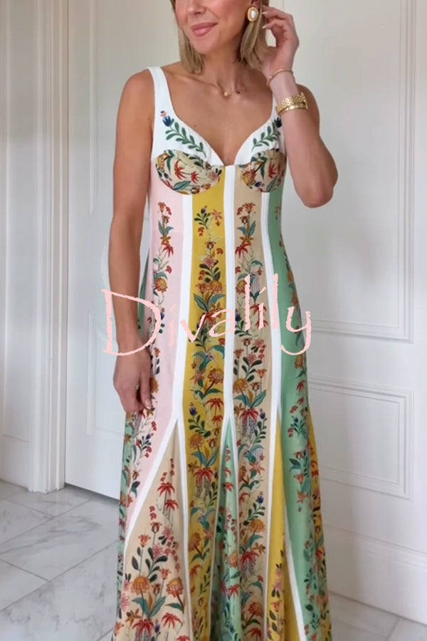 Sweet Garden Linen Blend Color Block Floral Paneled Maxi Dress