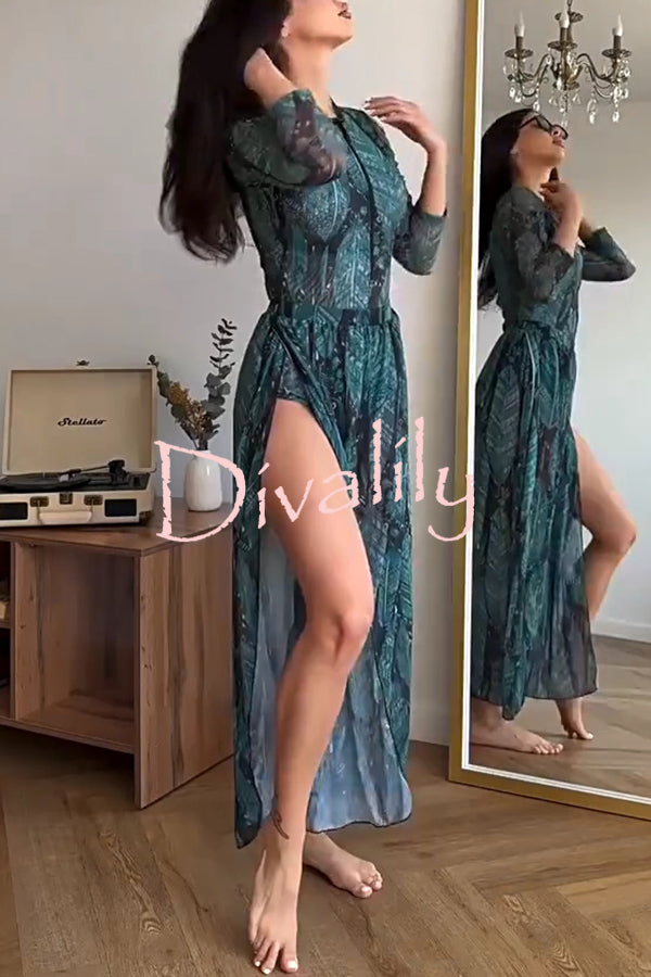 Unique Print One-piece Swimsuit and Cardigan and High Rise Pants Three-piece Set