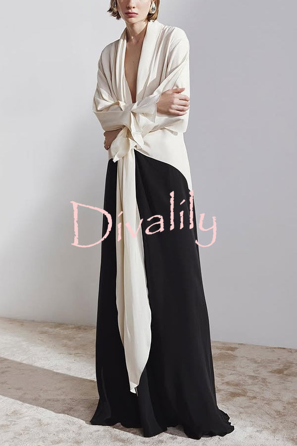 Fashion Contrast Color V-neck Tie High Waist Drape Maxi Dress