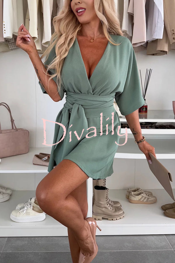 Stylish Comfortable V-neck Wide Sleeve Tie-up Loose Romper