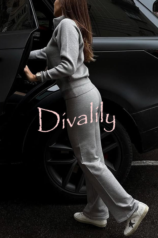 Cozycore Knit Zipper Long Sleeve Cardigan and Stretch Wide Leg Pants Set